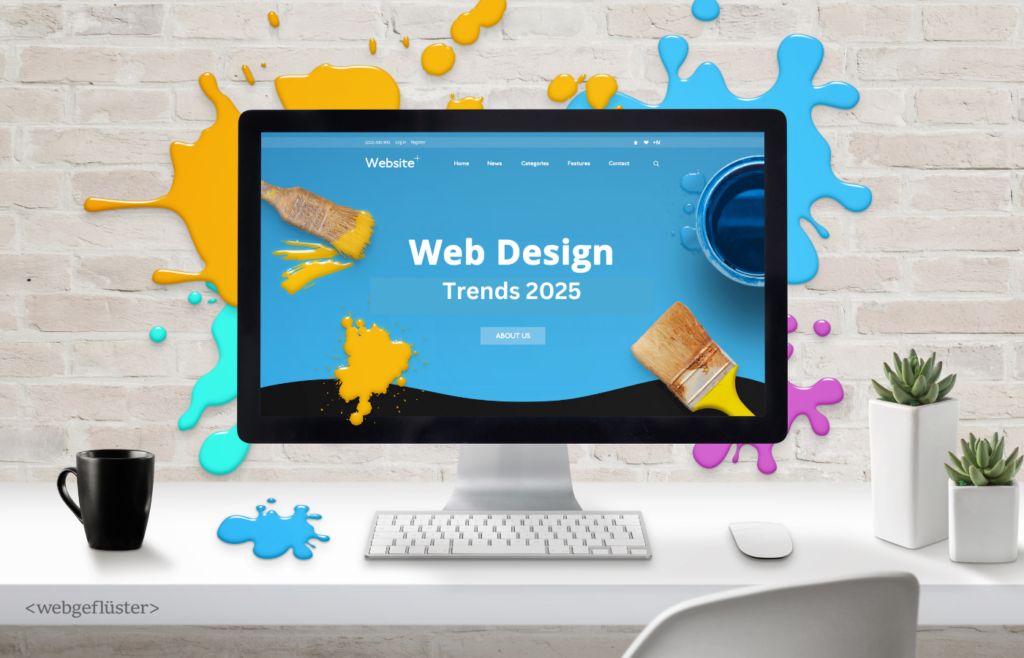 Das Bild zeigt einen Monitor mit dem Titel „Web Design Trends 2025“ vor einer Backsteinwand. Farbkleckse, Pinsel und Farbtöpfe symbolisieren Kreativität. Auf dem Schreibtisch befinden sich eine Tasse, Tastatur, Maus und eine Pflanze. Unten steht „“.